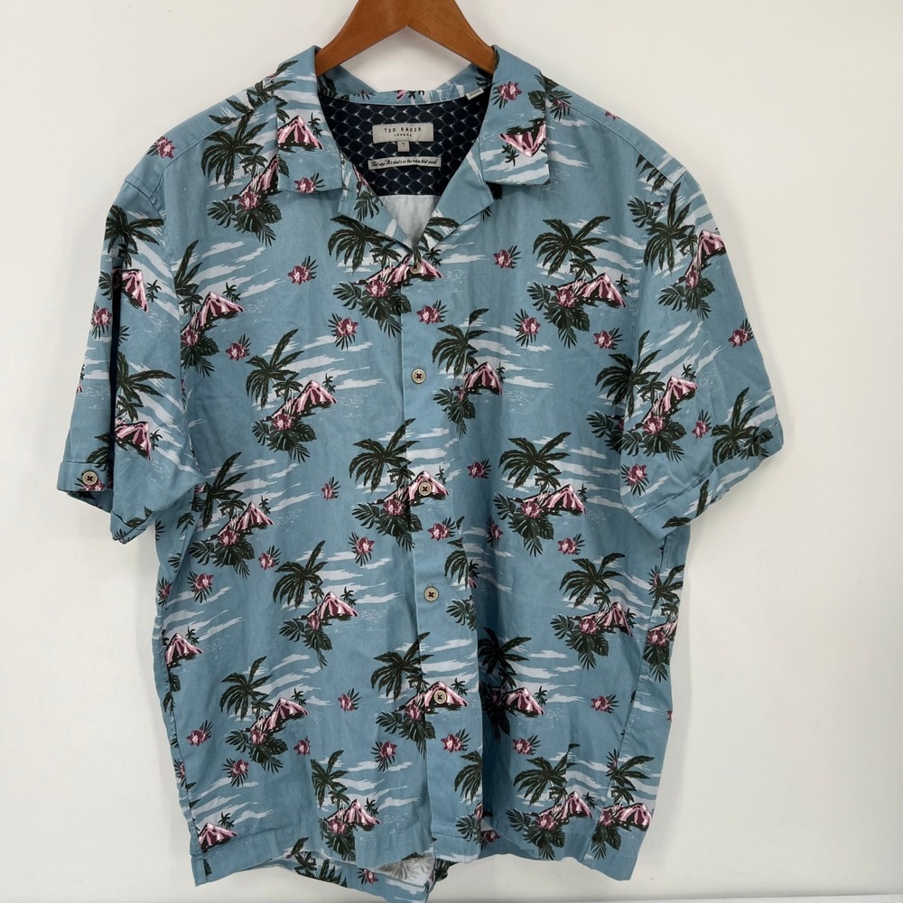 Ted Baker London Men 7 US 3XL Tropical Palm Tree Island Camp Collar Shirt Blue